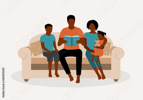    Black Father Reading A Book For His Family.