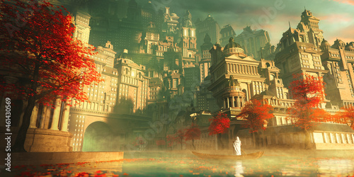 Priest on a boat sail to the ancient city of religions in beautiful sunlight with red trees and leaves, foreground out of focus - concept art - 3D rendering