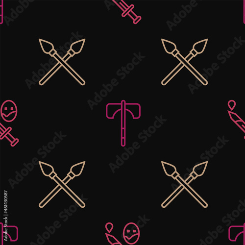 Set line Sword with blood, Crossed medieval spears and Medieval axe on seamless pattern. Vector
