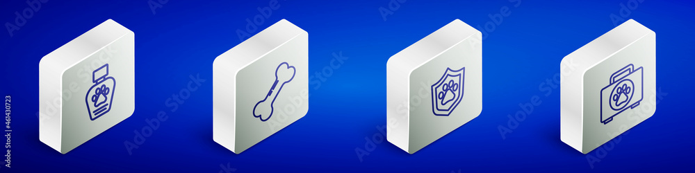Set Isometric line Pet shampoo, Dog bone, Animal health insurance and first aid kit icon. Vector Set Isometric line Pet shampoo, Dog bone, Animal health insurance and first aid kit icon. Vector