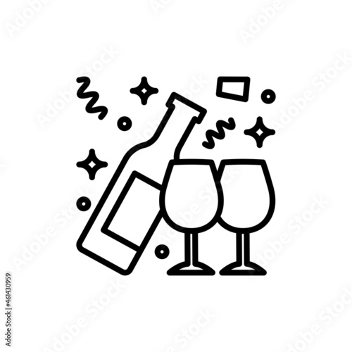 Open bottle of champagne and two glasses thin line icon. Alcohol. Vector illustration.