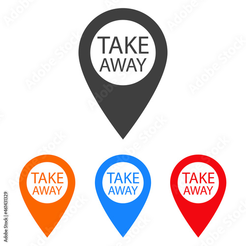 Logotipo con texto Take Away en silueta de puntero de posición en varios colores