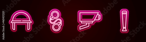 Set line Military helmet, Handcuffs, Security camera and Police rubber baton. Glowing neon icon. Vector