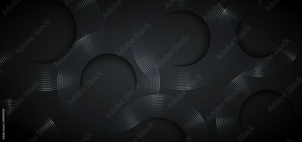 Abstract silver gradient circles lines on dark background.