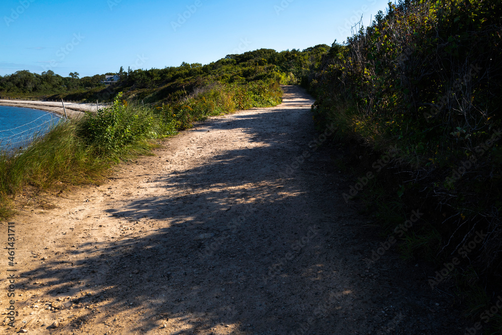 Curving dirt road or footpath with tree shadows along the beach in Falmouth on Cape Cod at sunrise Curving dirt road or footpath with tree shadows along the beach in Falmouth on Cape Cod at sunrise