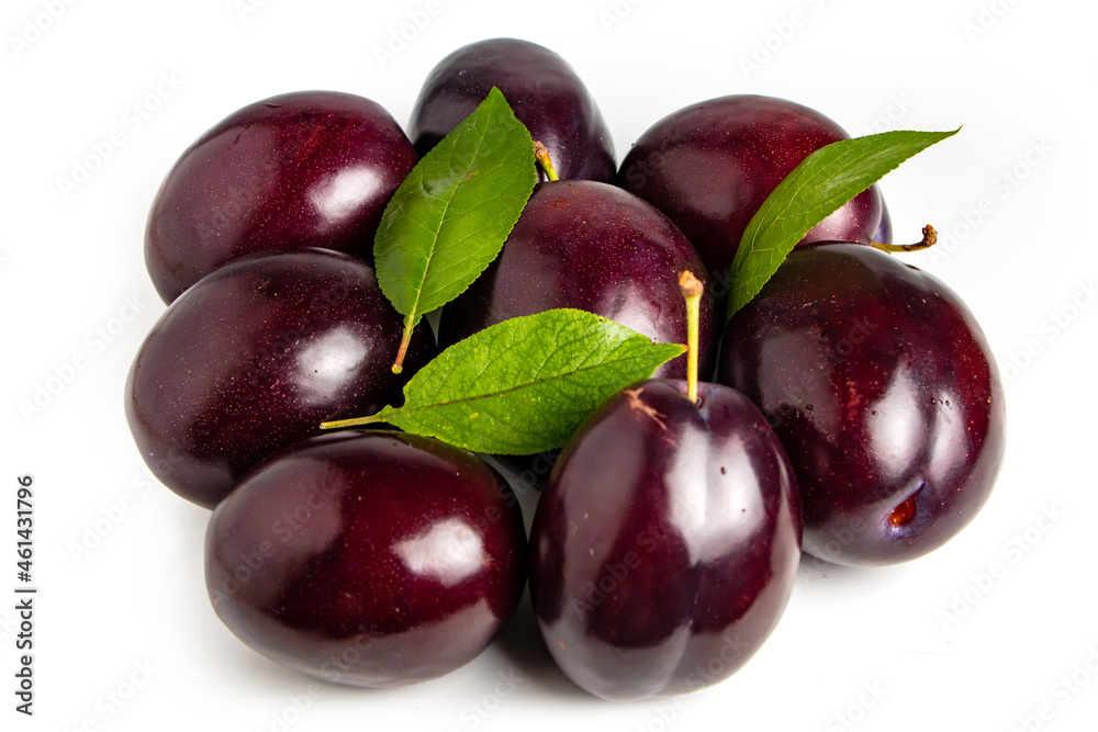 Plums with plum leaves on a white background. Plums with plum leaves on a white background.