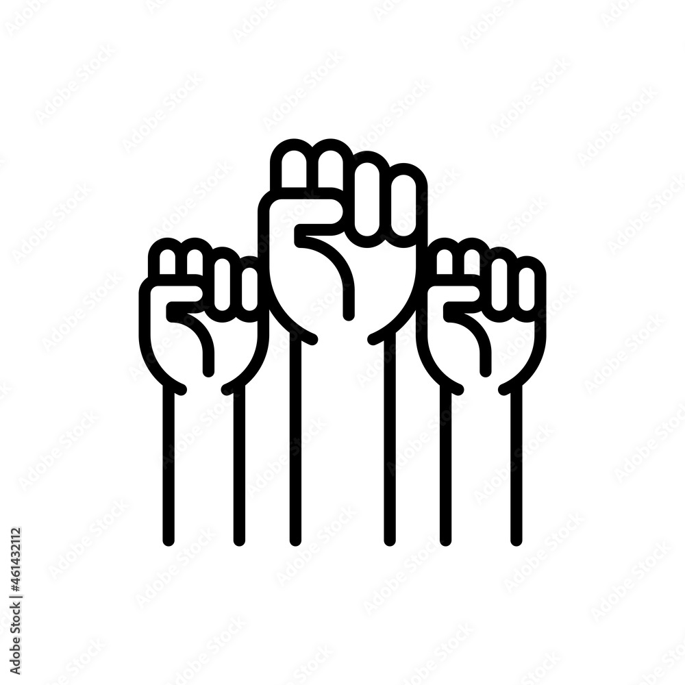 Obraz premium Fighting for rights thin line icon, three raised hands with fists. Modern vector illustration of revolution.