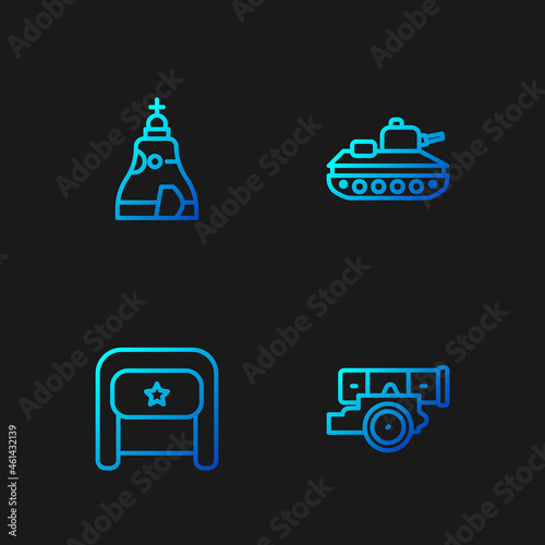 Set line Cannon, Ushanka, The Tsar bell and Military tank. Gradient color icons. Vector