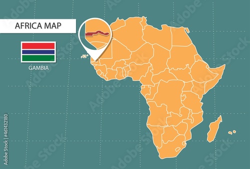 Gambia map in Africa zoom version, icons showing Gambia location and flags.