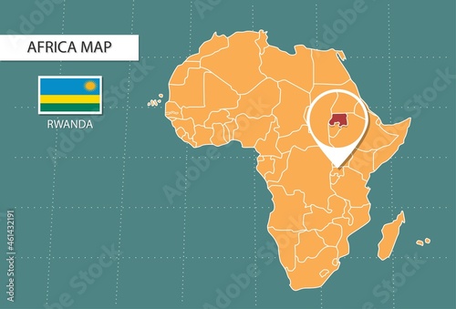 Rwanda map in Africa zoom version, icons showing Rwanda location and flags.