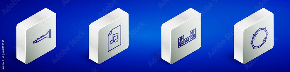 Set Isometric line Clarinet, Music book with note, Home stereo and Dial knob level icon. Vector