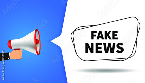 Male hand holding megaphone with Fake News speech bubble. Loudspeaker. Vector illustration.