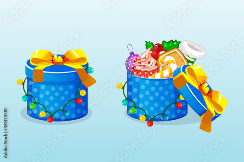 Christmas blue boxes with candy and garland for graphic design.