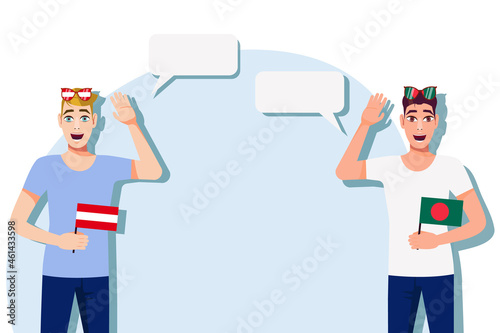 Men with Austrian and Bangladeshi flags. Background for the text. Communication between native speakers of the language. Vector illustration.