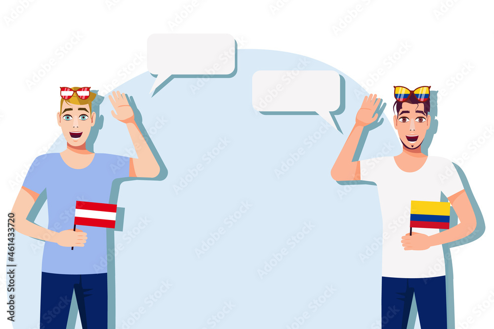 Men with Austrian and Colombian flags. Background for text. Communication between native speakers of Austria and Colombia. Vector illustration.