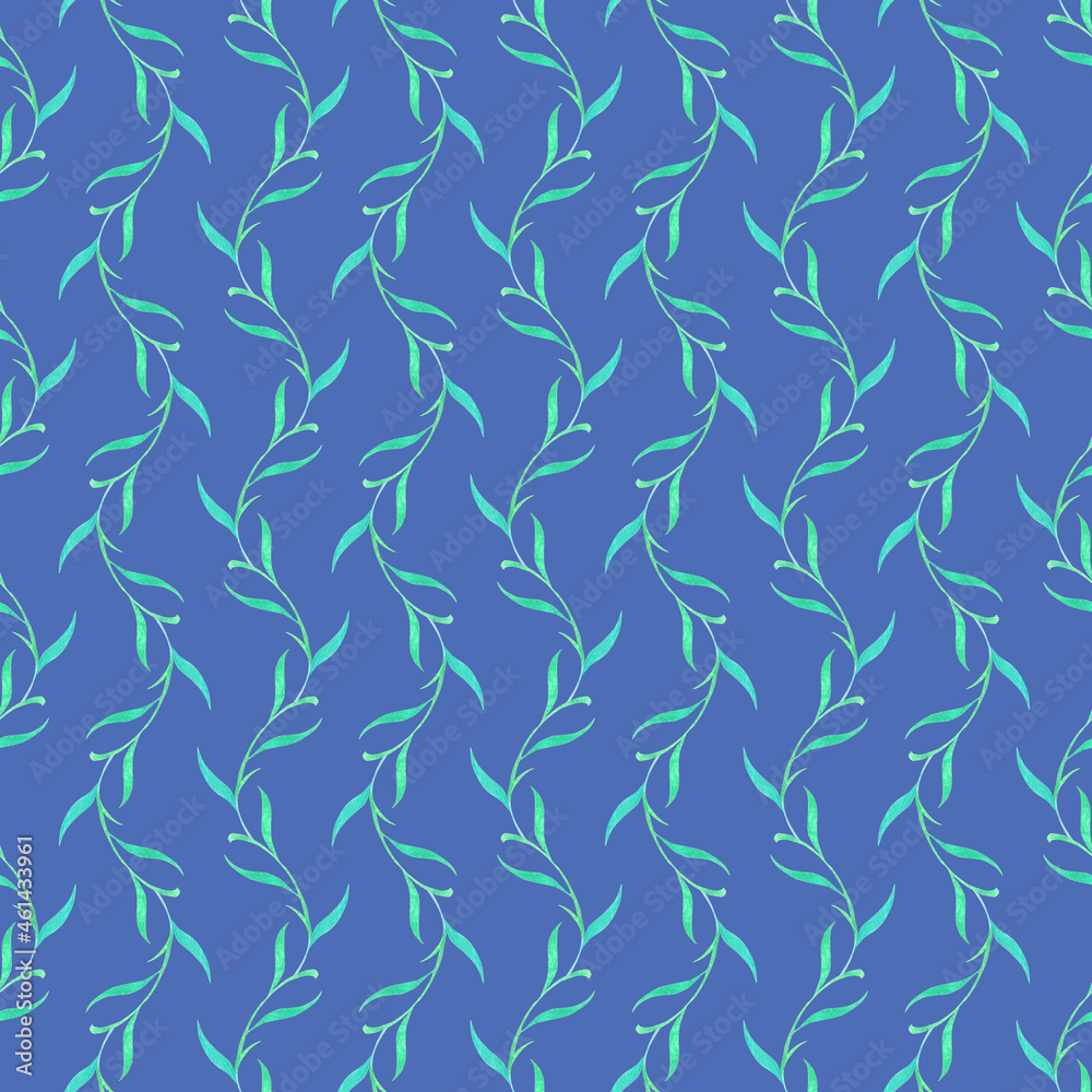 floral seamless pattern with green branches on a blue background