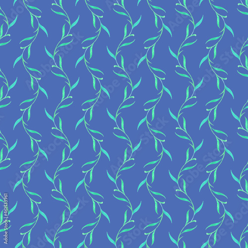 floral seamless pattern with green branches on a blue background