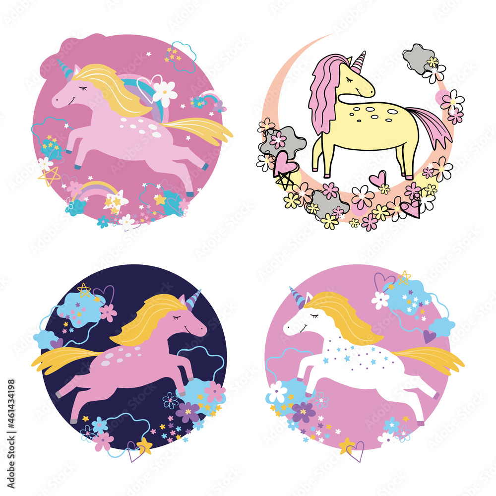 set of illustrations with cute unicorns, vector