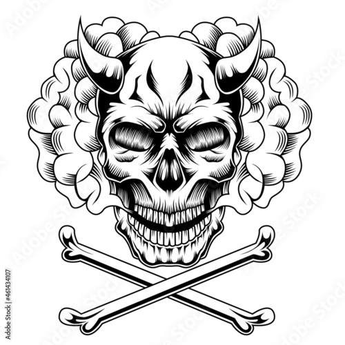 Vintage monochrome vaping concept with demon skull in smoke cloud and crossbones isolated vector illustration