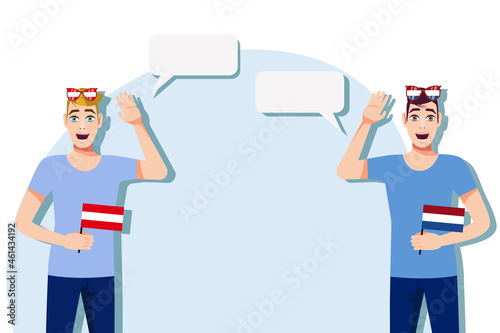 Men with Austrian and Dutch flags. The concept of international communication, education, sports, travel, business. Dialogue between Austria and the Netherlands. Vector illustration.