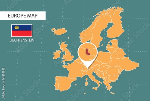 Liechtenstein map in Europe zoom version, icons showing Liechtenstein location and flags.