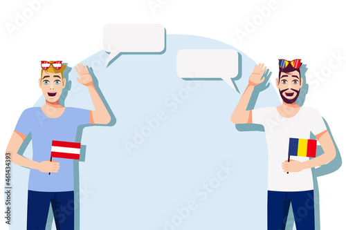 The concept of international communication, sports, education, business between Austria and Romania. Men with Austrian and Romanian flags. Vector illustration.
