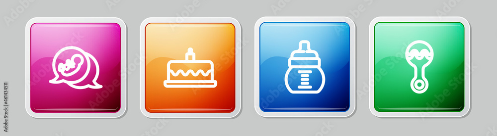 Set line Baby, Cake with burning candles, bottle and Rattle baby toy. Colorful square button. Vector Set line Baby, Cake with burning candles, bottle and Rattle baby toy. Colorful square button. Vector
