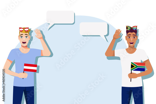 Men with Austrian and South African flags. Background for the text. The concept of sports, political, education, travel and business relations between Austria and South Africa. Vector illustration.