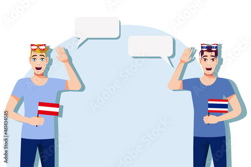 Men with Austrian and Thai flags. The concept of international communication, education, sports, travel, business. Dialogue between Austria and Thailand. Vector illustration.