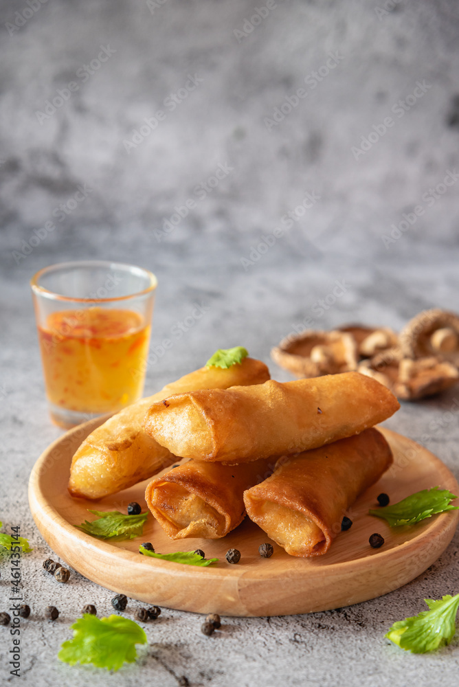 Deep fried spring rolls stuffed vegetable, mushroom and glass noodle, Chinese vegetarian food festival Deep fried spring rolls stuffed vegetable, mushroom and glass noodle, Chinese vegetarian food festival