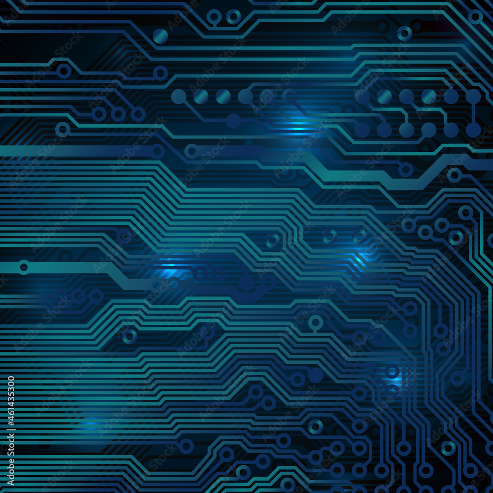 Circuit board background. Technology concept, dark background. Analog circuit. Electronic computer technology, digital chip. Banner, presentation. Space for text, copy space. Vector design