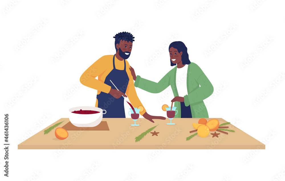 Couple make spiced wine semi flat color vector characters. Posing figures. Full body people on white. Cooking together isolated modern cartoon style illustration for graphic design and animation