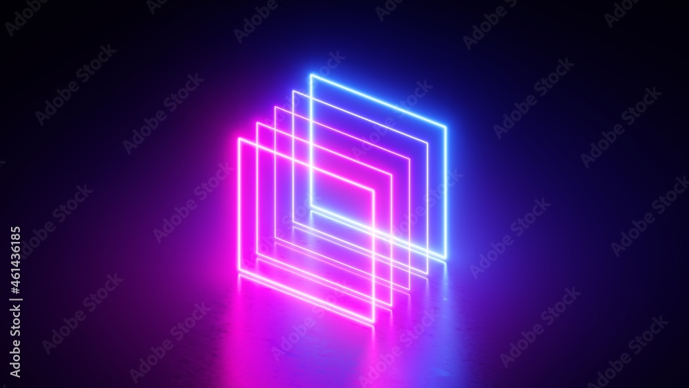 3d render, abstract minimal geometric background with colorful neon squares, pink blue lines glowing in the dark