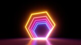 3d render, abstract modern minimal geometric background with neon hexagonal shapes glowing in the dark. Empty stage, showcase with blank frame for product presentation