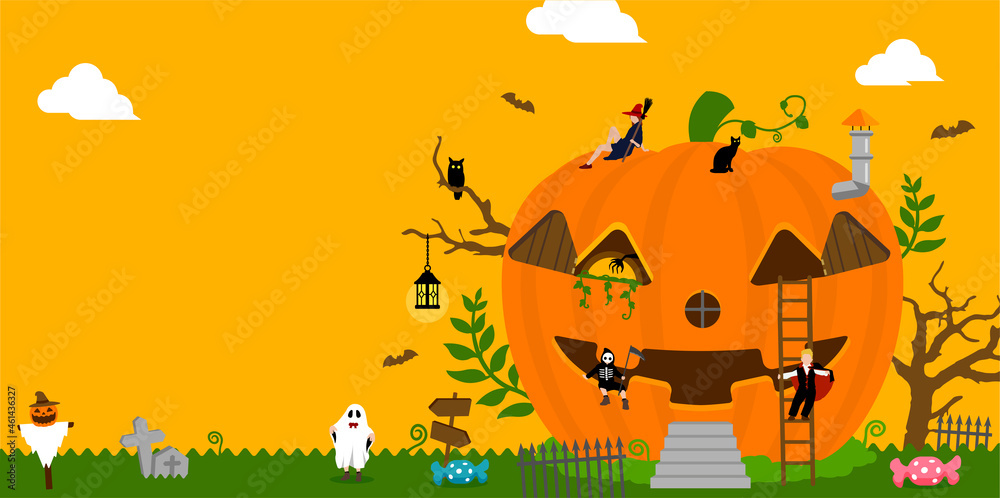 Halloween motif pumpkin house banner illustration with costume kids |  no text
