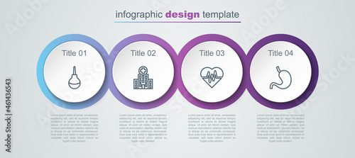 Set line Enema, Medical hospital building, Heart rate and Human stomach. Business infographic template. Vector