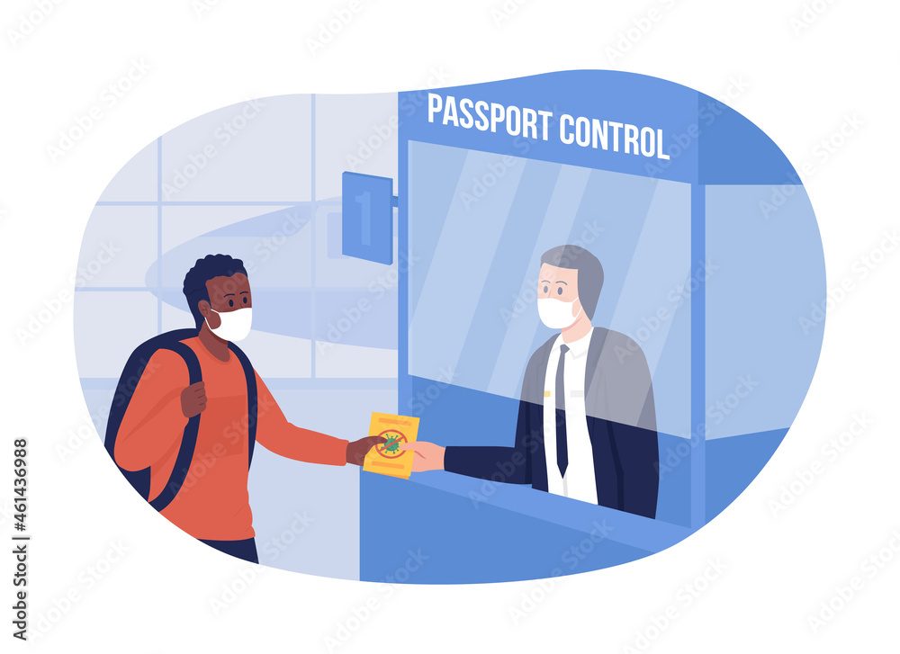 Ppassport control with health precaution 2D vector isolated illustration. People in respiratory facial masks flat characters on cartoon background. Travel precaution colourful scene