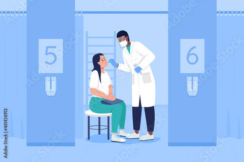 Testing for virus flat color vector illustration. Health checkup. Clinical diagnostics. Taking samples. Patient and doctor 2D cartoon characters with hospital space blue interior on background