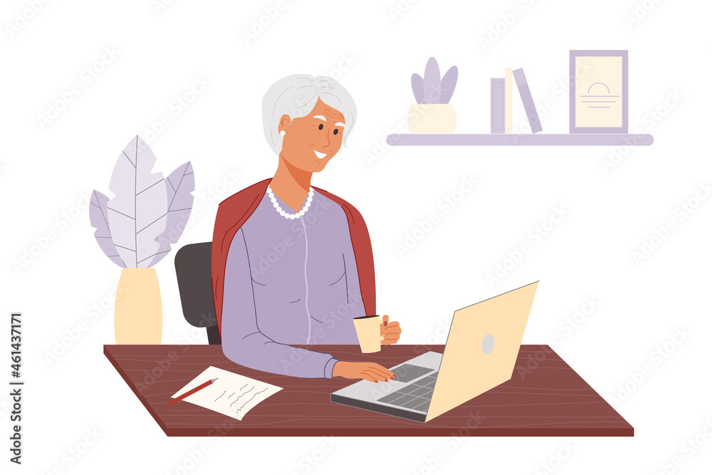 Happy adult woman drinks coffee and using laptop at home. Smiling elderly lady sitting on chair at the table and looking in computer. Flat cartoon vector illustration isolated on white background Happy adult woman drinks coffee and using laptop at home. Smiling elderly lady sitting on chair at the table and looking in computer. Flat cartoon vector illustration isolated on white background