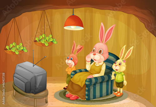 Underground room scene with rabbit family cartoon character