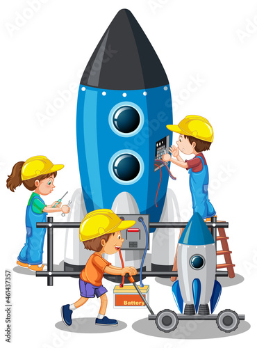 Children building rocket together on white background