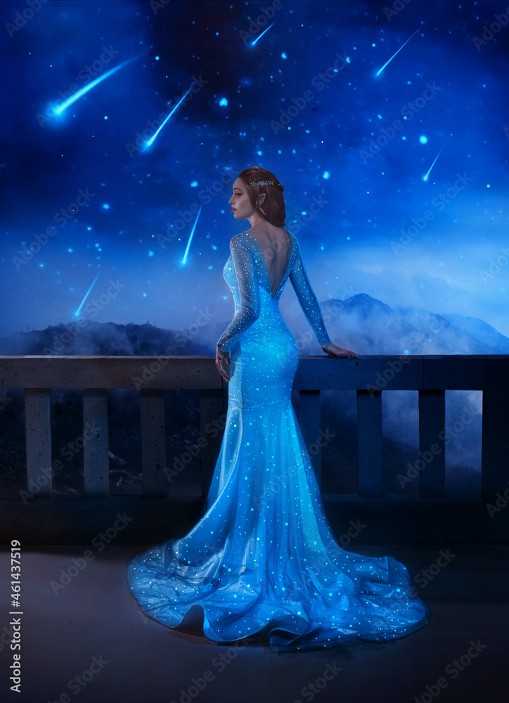Fantasy woman princess stands on balcony looks at night sky space cosmos stars. Girl enjoy magic starfall ball. Elegant long shiny blue dress. Character cosplay book ACOTAR Fairy Queen Feyre Archeron - obrazy, fototapety, plakaty 