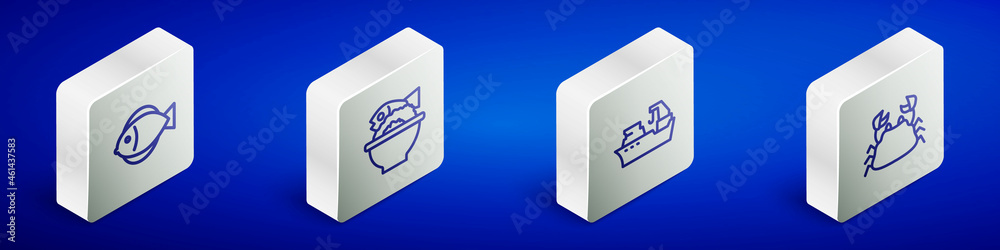 Set Isometric line Fish, Served fish on a bowl, Fishing boat and Crab icon. Vector Set Isometric line Fish, Served fish on a bowl, Fishing boat and Crab icon. Vector