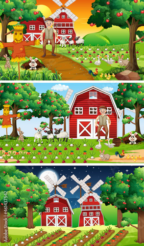 Different farm scenes with old farmer and animal cartoon character
