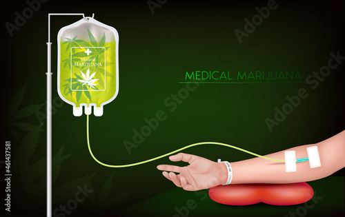 Marijuana bag, Arm and hand recipient to Marijuana oil. Medical treatment concept. realistic with 3D vector illustration.