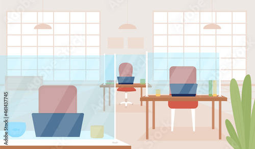 Office post covid flat color vector illustration. Desks with protective shields for social distancing during quarantine. New normal. Corporate 2D cartoon interior with furniture on background