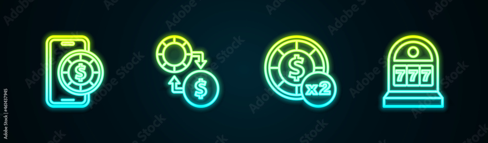 Set line Online poker table game, Casino chips exchange on money, and Slot machine with jackpot. Glowing neon icon. Vector Set line Online poker table game, Casino chips exchange on money, and Slot machine with jackpot. Glowing neon icon. Vector
