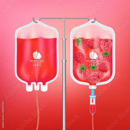 Saline bag plastic and Vitamin water red berry juice 2 bag. Healthy food and juice concepts. realistic with 3D vector illustration.