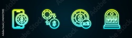 Set line Online poker table game, Casino chips exchange on money, and Slot machine with jackpot. Glowing neon icon. Vector
