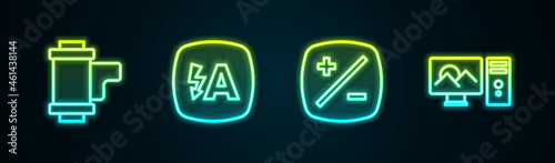 Set line Camera roll cartridge, Auto flash, Exposure compensation and Photo retouching. Glowing neon icon. Vector
